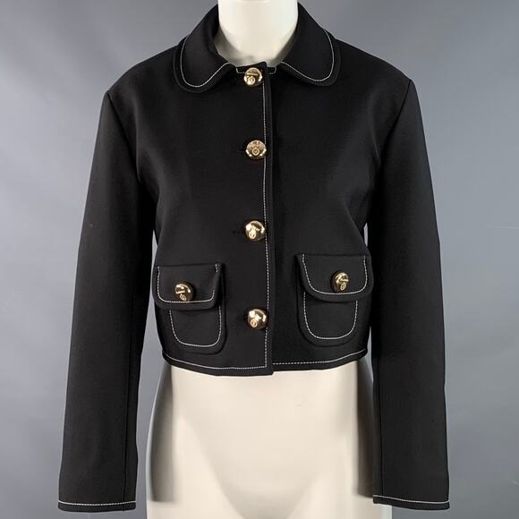 SANDRO Size 4 Black Gold Polyester Blend Peter Pan Collar Cropped Jacket Blazer - Picture 1 of 9